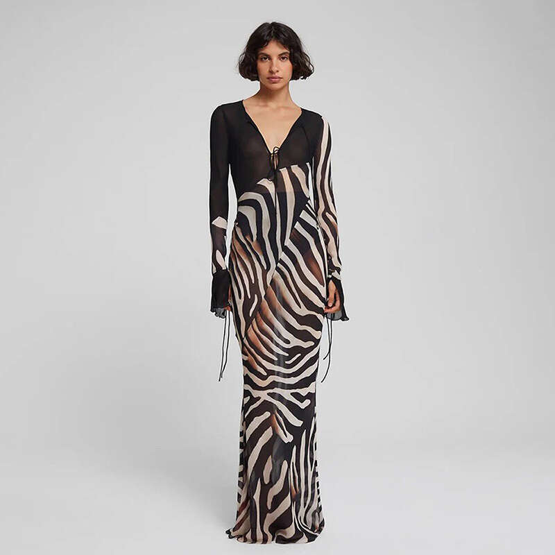 Summer New Women's Clothing Fashion Color Block Print Sexy V-Neck Mesh Long Sleeve Dress
