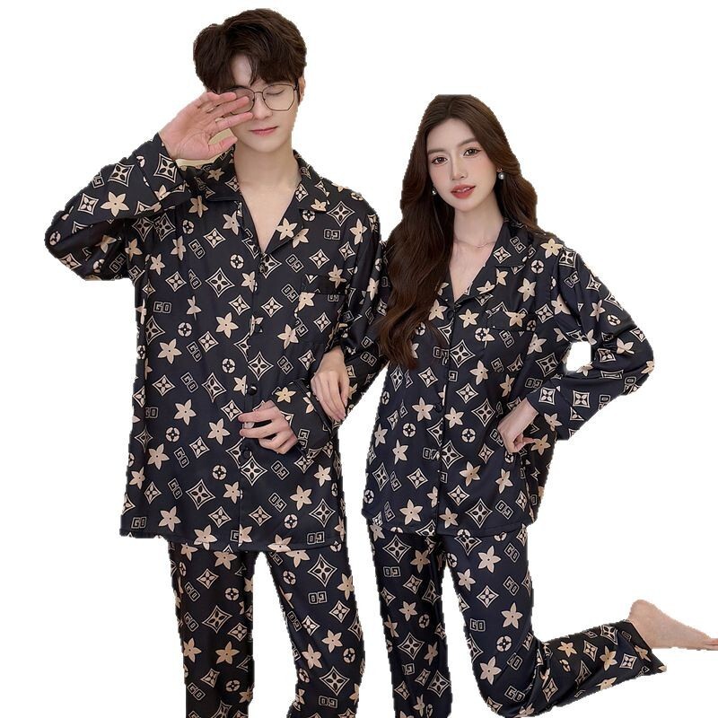 Couple Pajamas Home wear Short Sleeve Shorts Black Gold Floral Ice Silk Two Piece Set Soft Smooth Lightweight Comfortable