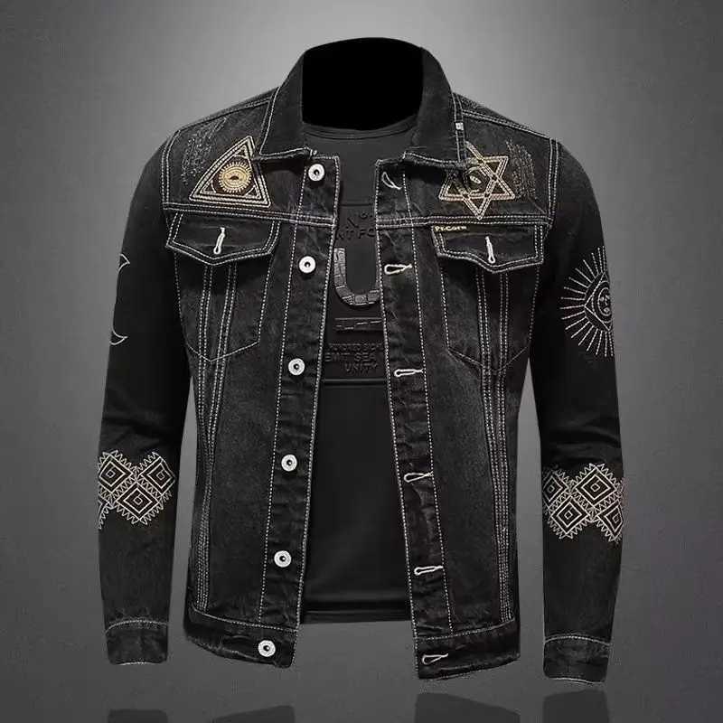 Mens Vintage Motorcycle Denim Jacket Spring Autumn Slim Loose Fit Embroidered Lapel Cotton Casual Black Blue Trendy Fashion C260325