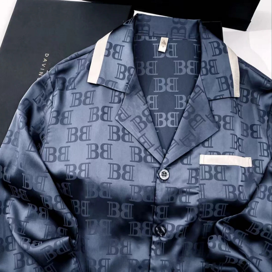 Homewear Men's Pajamas Inspired High End Ice Silk Printed Long Sleeve Thin Jacquard Loungewear Lightweight Cozy Skin Friendly