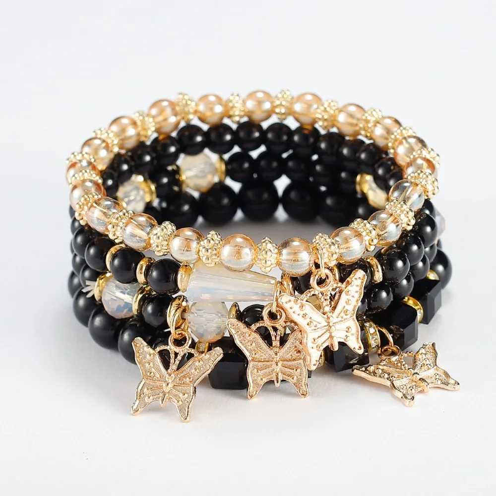 4pcs Set Bohemia Exquisite Acrylic Beaded Crystal Butterfly for Women Charm Multilayer Pearl Bangle Jewelry Friend Gift H260325 - view 6