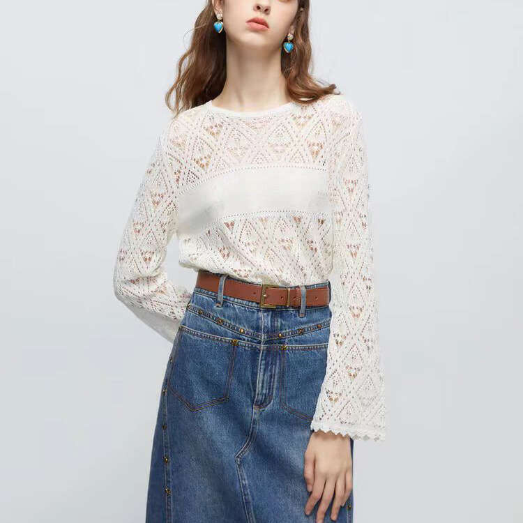 2026 Spring New Designer Fashion A5 Elegant Hollow Brand Same Round Neck Off Shoulder Long Sleeve Knitted Sweater
