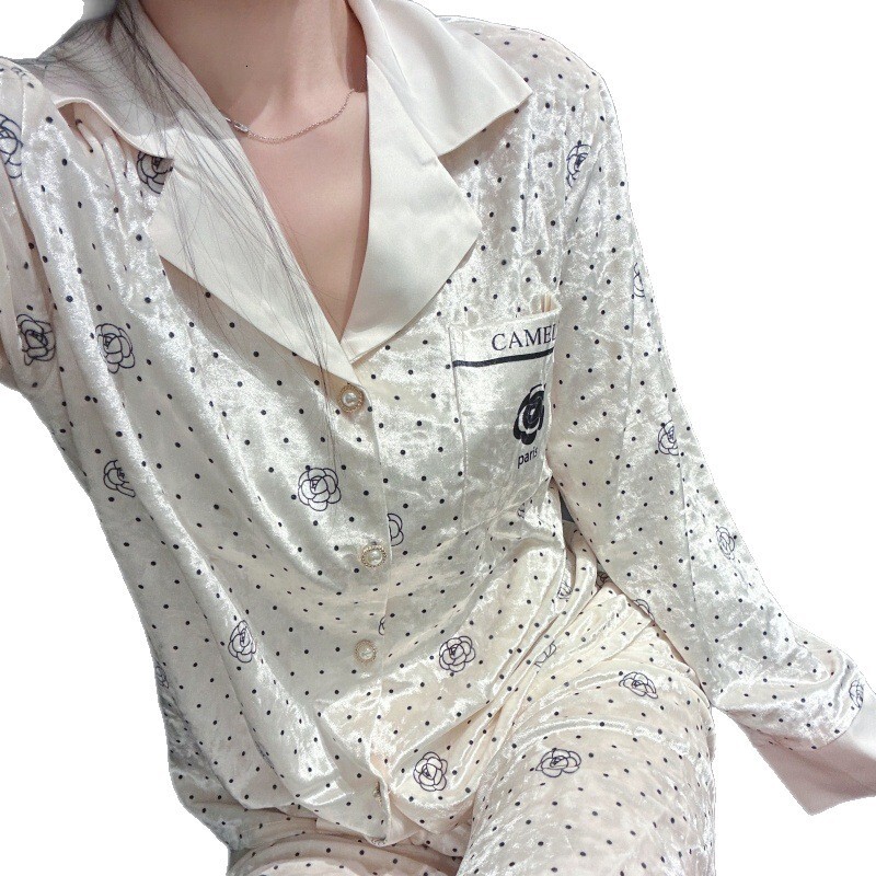 Homewear Set Autumn Winter Gold Diamond Velvet Women Polka Dot Camellia Style Cardigan Soft Warm Cozy For Ladies