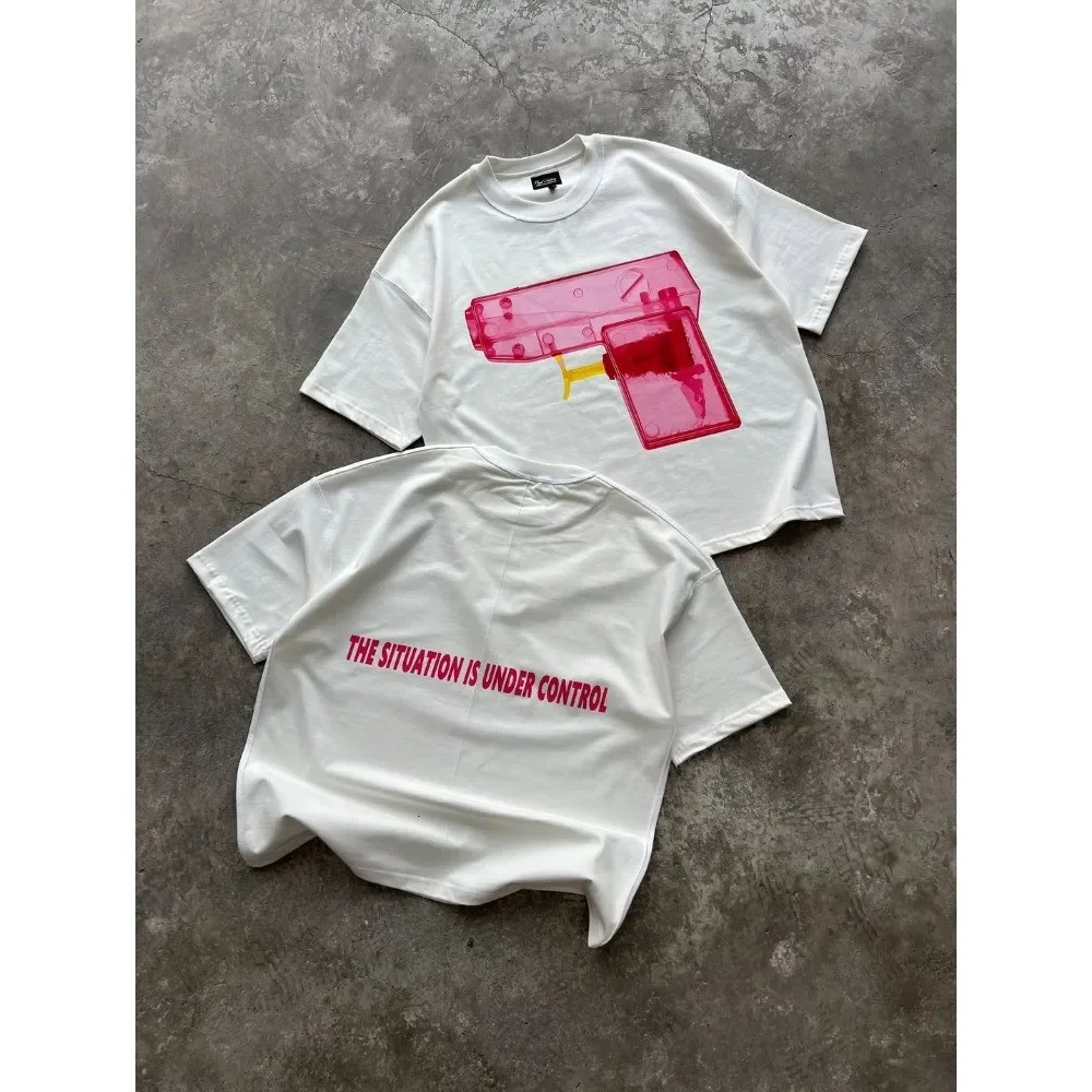 American Super Cool Pistol Pattern Printed Oversized T-shirt Womens Y2K Street Hip Hop Harajuku Loose Hooded Short Sleeve 260321