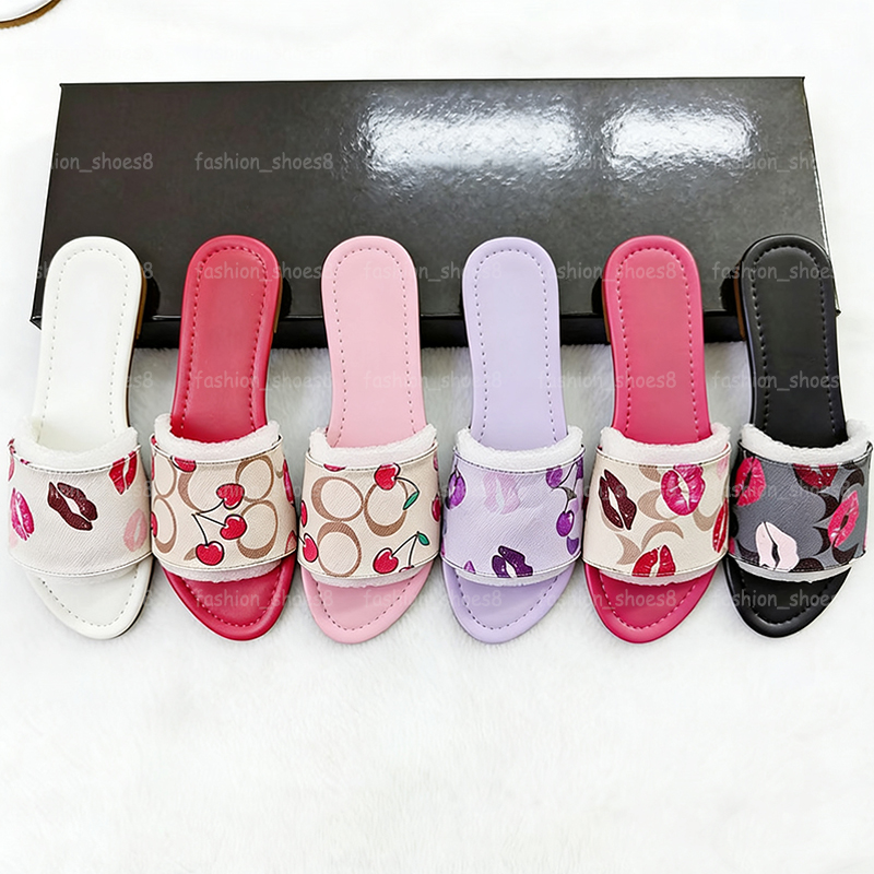 Luxury Sandals Designer Women Slides Fashion Lip Cherry Open Toe Flat Slippers C Beach Summer Denim Sliders Open Toe Sandels For Woman Size 36-42