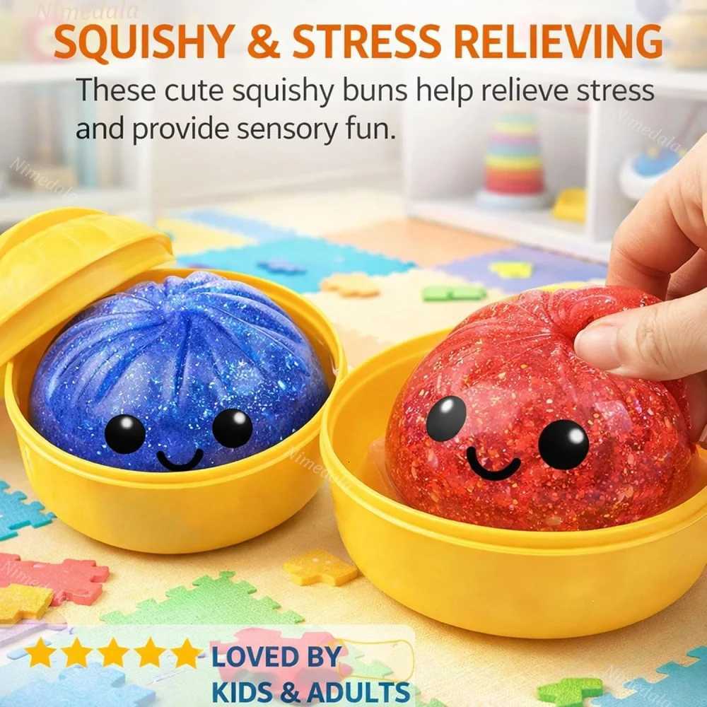 Glitter Dumpling Squishies Upgrade Squishy Dumplings Stress Balls Soft Squeezy Dough Ball with Steamer Stress Relief Desk Toy Z260325