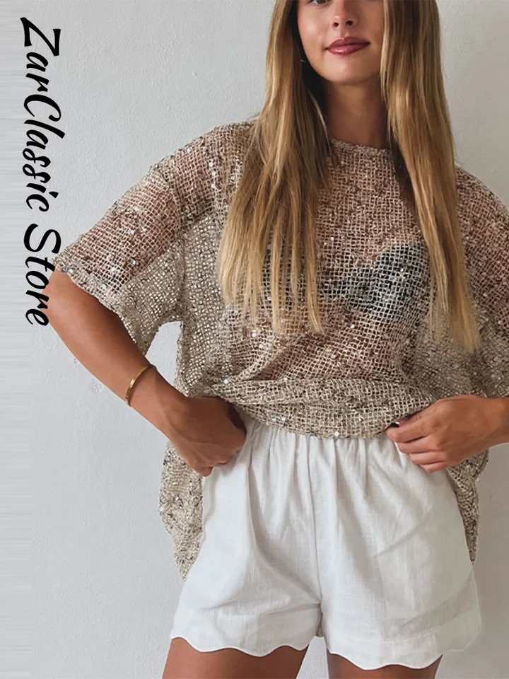 Sequin See Through Womens T-Shirt Hollow Out Oversize Round Neck Short Sleeve Loose Summer Top Lady Casual Daily Clothing 260324 - view 6