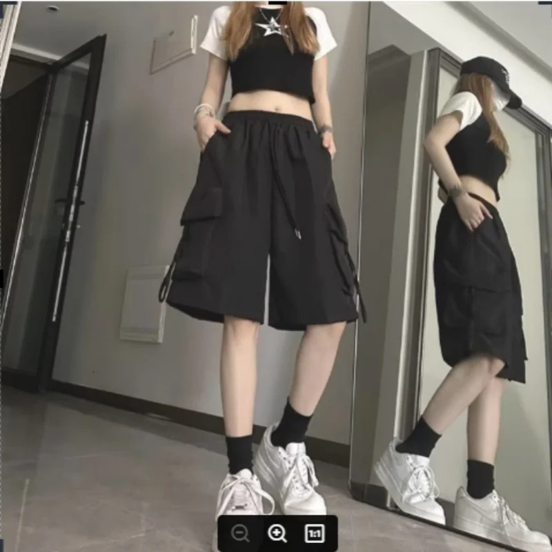Y2K Cargo Short Harajuku Black Oversized Wide Leg Shorts Summer Streetwear Fashion High Waist Baggy Pants 2025 y260312
