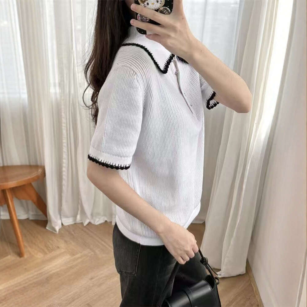 k30 2026 Spring New Designer Minimalist Collar Lace Edge Women's Hooded Short Sleeve Knitted Sweater