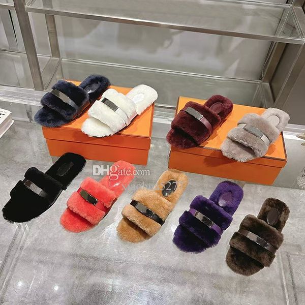 Designer women's fashionable luxury wool slippers, warm and fluffy fur sandals, comfortable autumn and winter brand shoes, casual and comfortable slippers 35-42