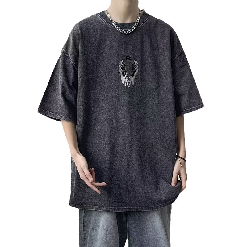 Men's American Oversized Versatile INS Streetwear Distressed Washed Tees | Spring Summer Cotton T-Shirts with Designer Wing Print