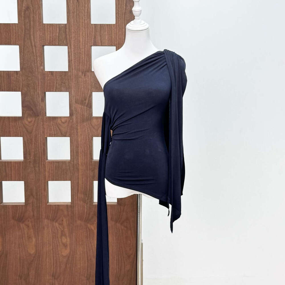 2026 Spring/Summer Designer French Asymmetric s4 Shoulder Design Knitted Ribbon Off Shoulder Sleeveless Women's Top
