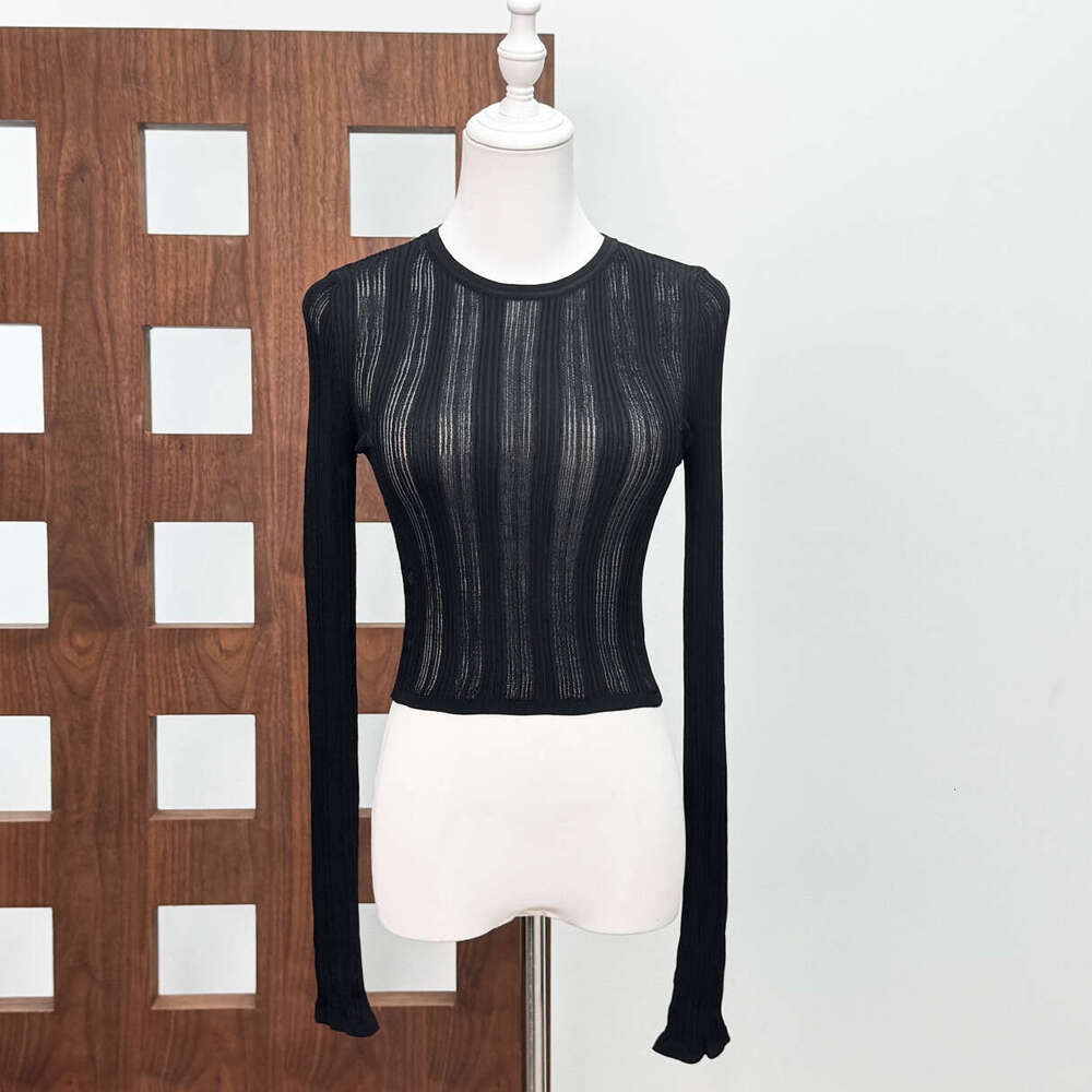 Lazy style hollow short s4 style 2026 autumn niche design thin transparent shirt ribbed elastic elegant shirt