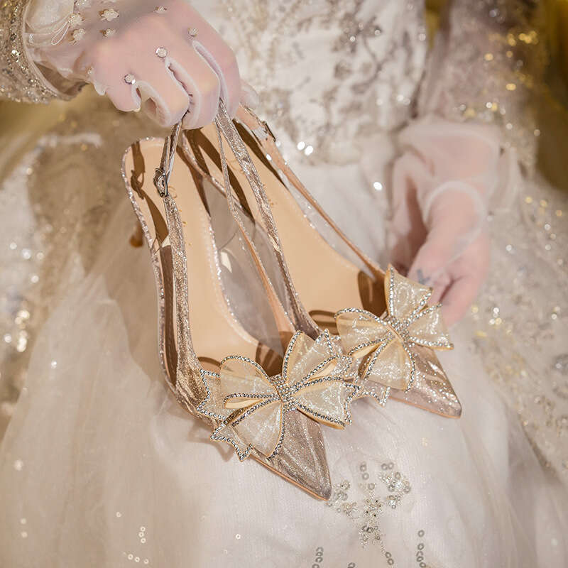 Style Crystal High Heels With Bowknot Wedding Rhinestone Pointed Toe Stiletto Summer Women's Sandals Gold Bridal Shoes