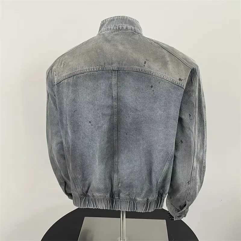 Distressed Dirty Denim Jacket Men American Vibe Deconstructed Stand Collar Coat Spring Autumn Loose Workwear Street Fashion C260325