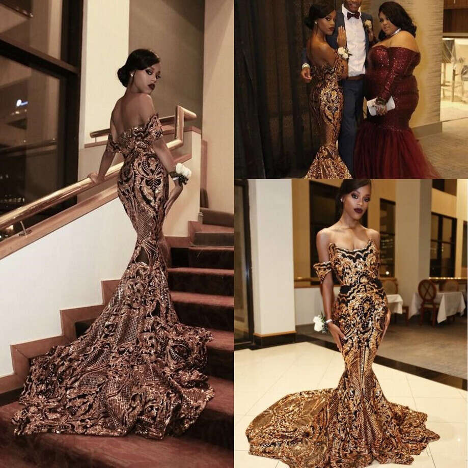 New Luxury Gold black Mermaid off shoulder Sexy African Prom Gowns Vestidos Special Occasion Dresses Evening Wear