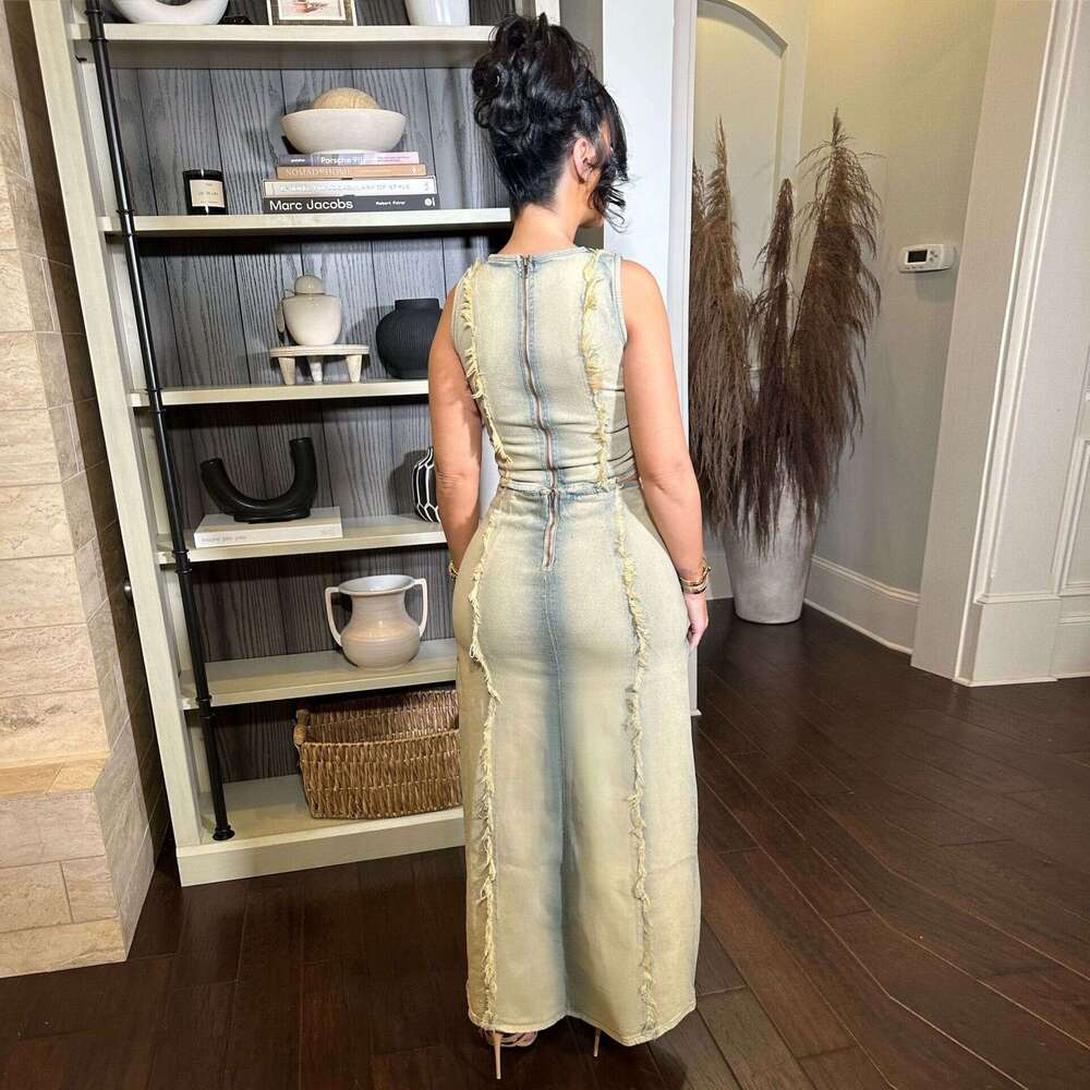 2026 designer European and American women's fashion personality handmade worn-out vest high waisted k30 denim skirt