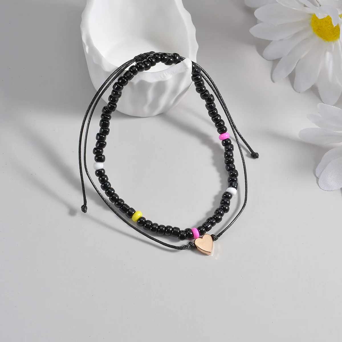 Minimalist style handmade woven heart-shaped black beaded 2-piece set for womens ankles H260325 - view 5