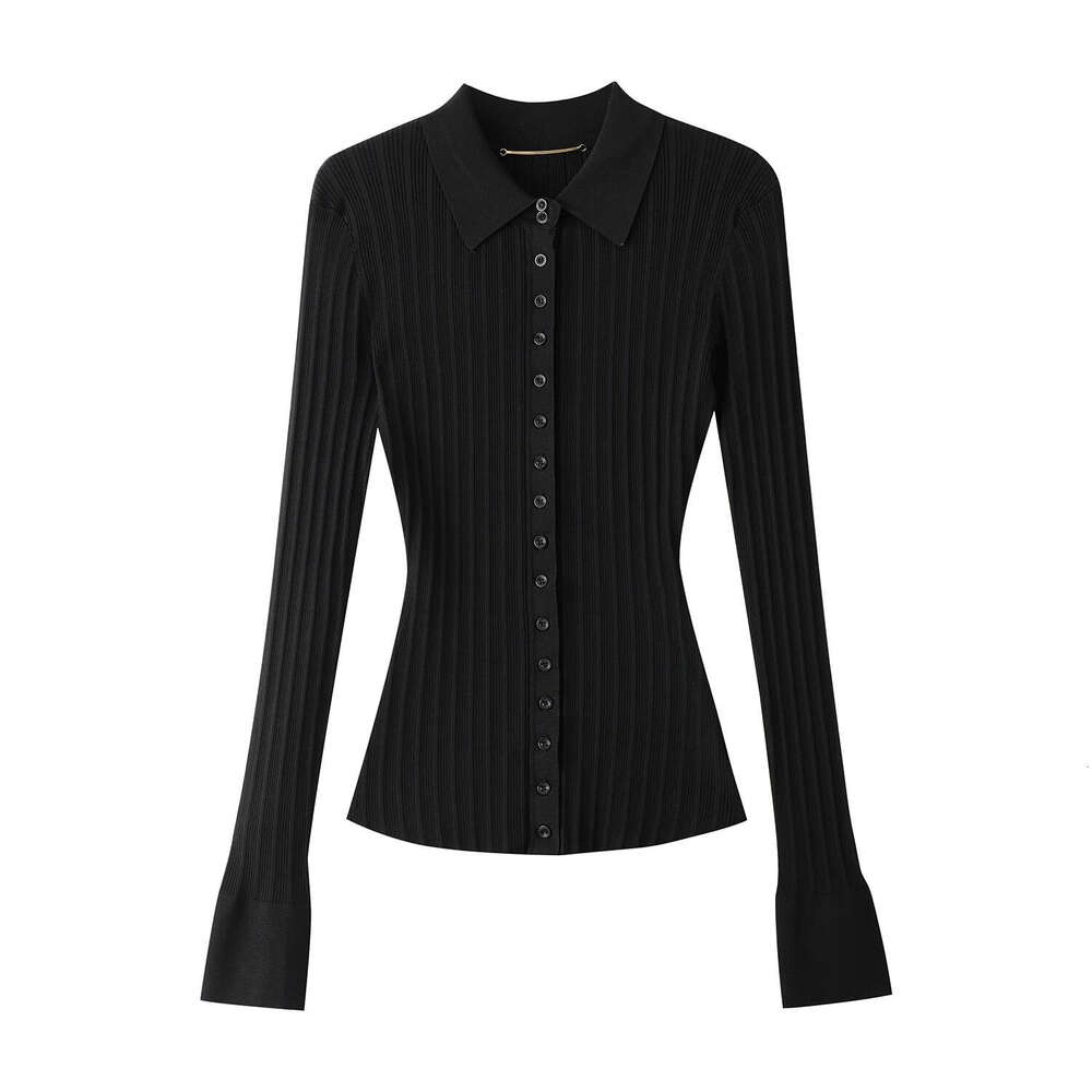 Designer Black Elegant k30 Women's Polo Top 2026 Autumn New Collection Inner Base Knitted Long Sleeve Sweater