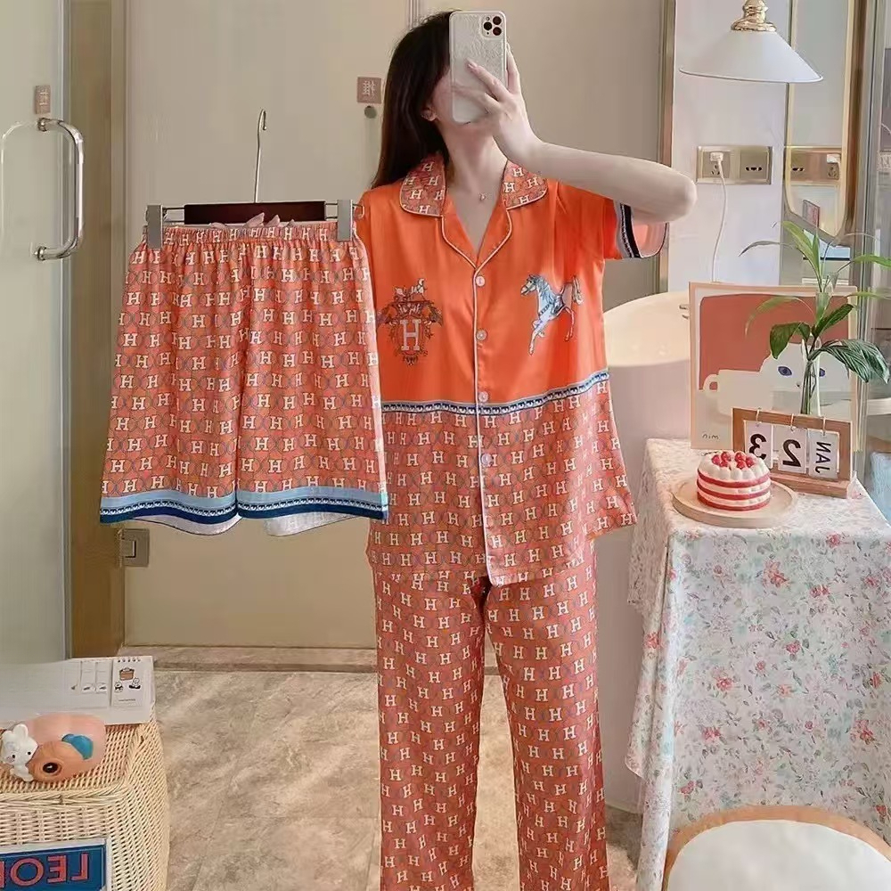 Women's Pajamas Summer New Ice Silk Simple Casual Top And Pants Homewear Orange Set