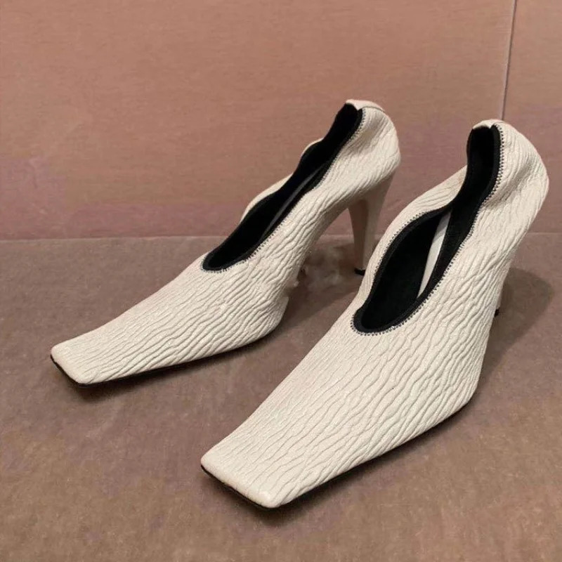 2025 Square Head Early Spring Fine Heel Zebra-Print Soft Leather Pleated Elastic Witch High Heel Deep Mouth Granny Shoes 260316 - view 4