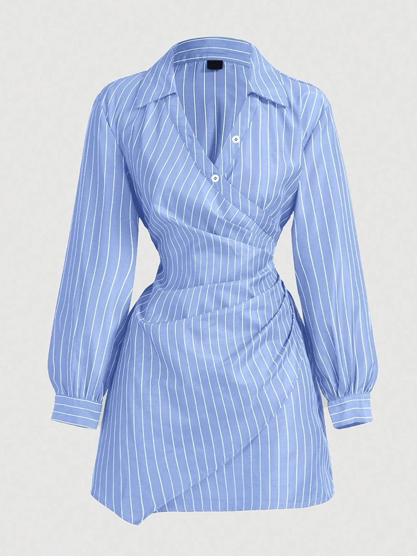 Women Dress Striped Wrap V Neck Ruched Shirt Mini Dress Chic Spring Summer Preppy Dress Office Work Date Tailored Outfit 260324