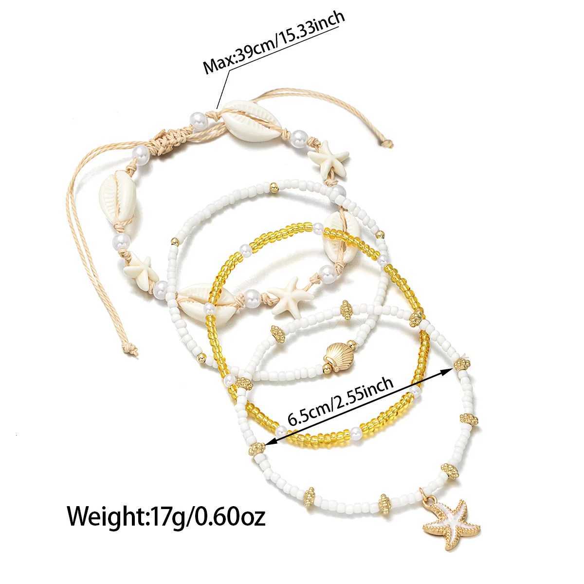 4 pieces of Bohemian style resin shell woven starfish ankle rope multi-layer stacked rice bead beach womens ankle chain H260325 - view 6