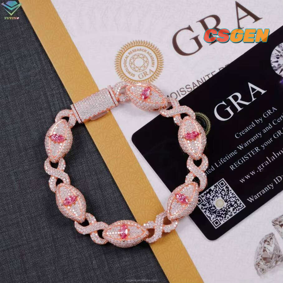 Fashion New Eyes 15Mm Pass Diamond Tester S925 Rose Gold Hip Hop Pink Marquise Moissanite Cuban Bracelet Jewelry
