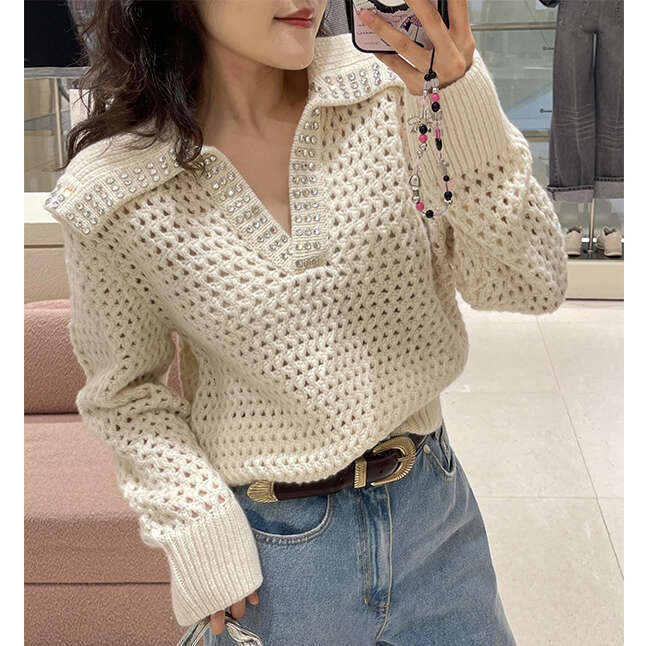 2026 Autumn New Designer French Style Young, Sweet, and Soft Collar Beaded Hollow Knitted k30 Women's Top