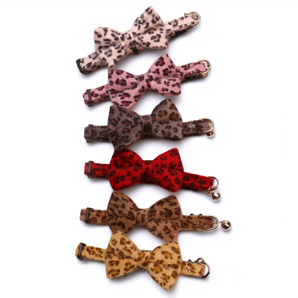 Pet Collar Leopard Pattern Cute Bell Bow Plush Design Soft Comfortable Adjustable For Cats Small Dogs