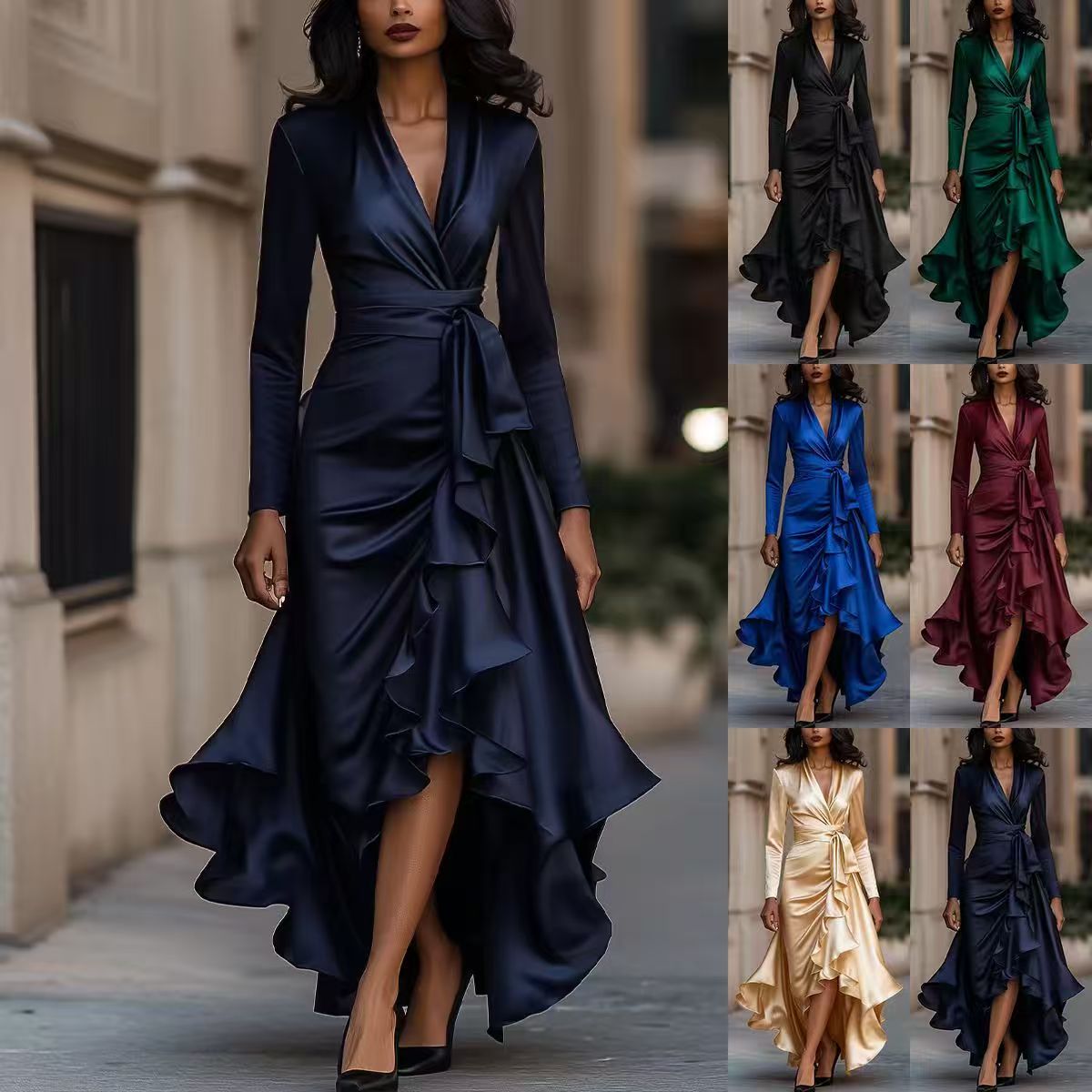 Elegant V-neck Waist-cinched Skirt Hem Long Sleeve Maxi Dress Street Style Polyester Fabric High Waist Regular Sleeve Length