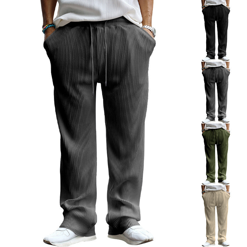 European Size Spring Essential Pants And Autumn Jacquard Striped Wide-leg Men's Pants Casual Loose Ribbed Drawstring Straight Large Size Long Pants For Men