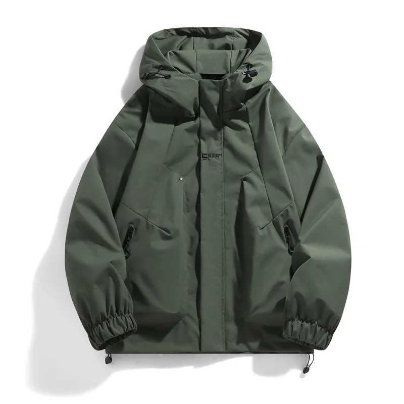 Mens Waterproof Windbreaker Hooded Zipper Cargo Coat Black Bomber Camping Hiking Loose Fit Softshell Thin Outerwear M260325