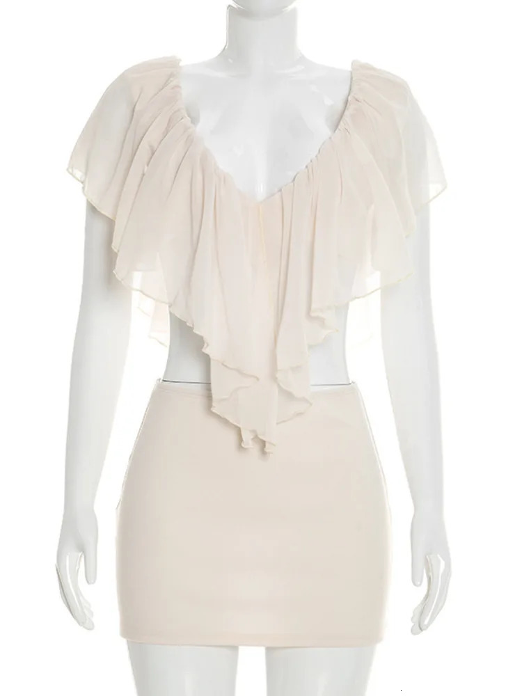 Mozision Ruffled Sexy Two Piece Set Women V Neck Sleeveless Tank Top Mini Skirt Matching Sets Female Club Party Dress Sets 260323