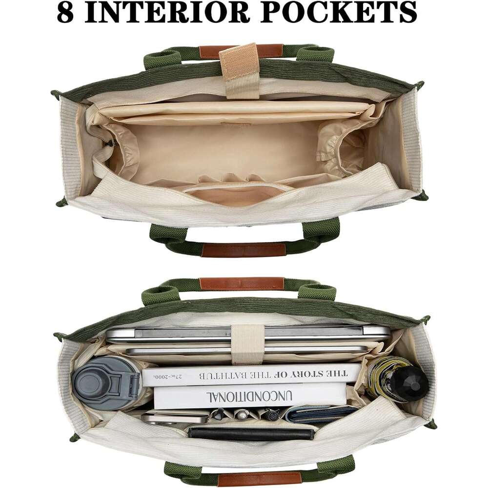 Corduroy Tote for Women 2Pcs Set, 14-Pocket Lightweight Laptop Work Tote, Teacher & College Travel Crossbody Bag