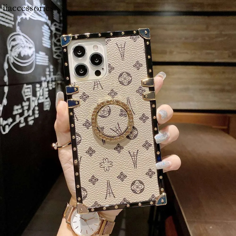 Designer Phone Case, Square Leather Texture Gold Metal Frame Ring Stand, Compatible with iPhone 17 Pro Max/16/15/14 Plus & Samsung S25 Ultra