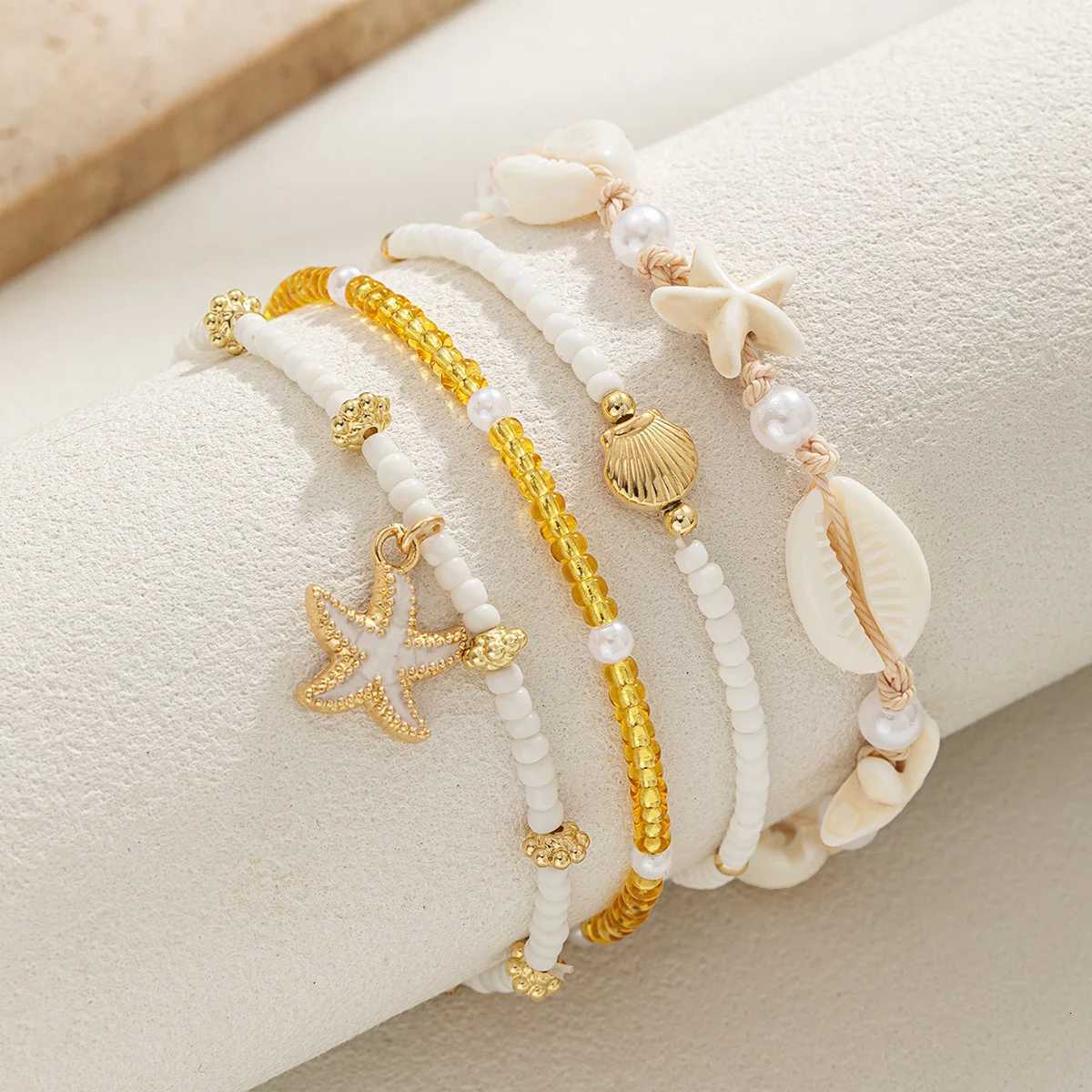 4 pieces of Bohemian style resin shell woven starfish ankle rope multi-layer stacked rice bead beach womens ankle chain H260325 - view 5