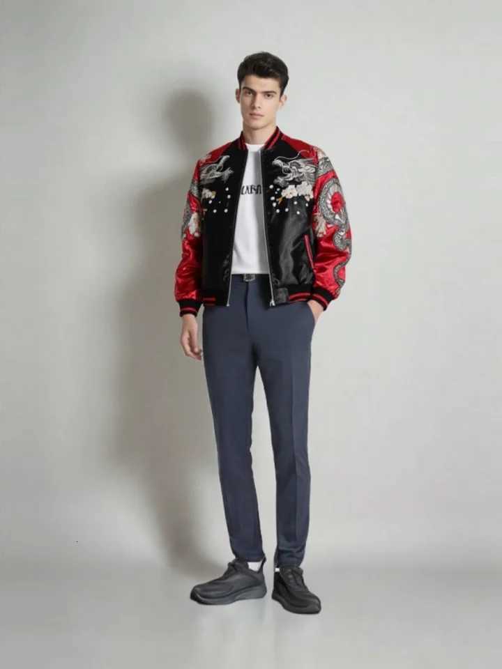 Men Bomber Jacket Satin Dragon Embroidery Luxury Streetwear Spring Autumn Stand Collar Outerwear Sukajan Baseball Coat D012 C260325