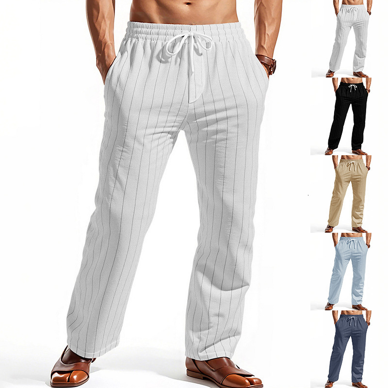 2026 European And American Linen Summer Essential Pants Pants Beach Pants Drawstring Vertical Stripe Straight Breathable Casual Long Pants For Men