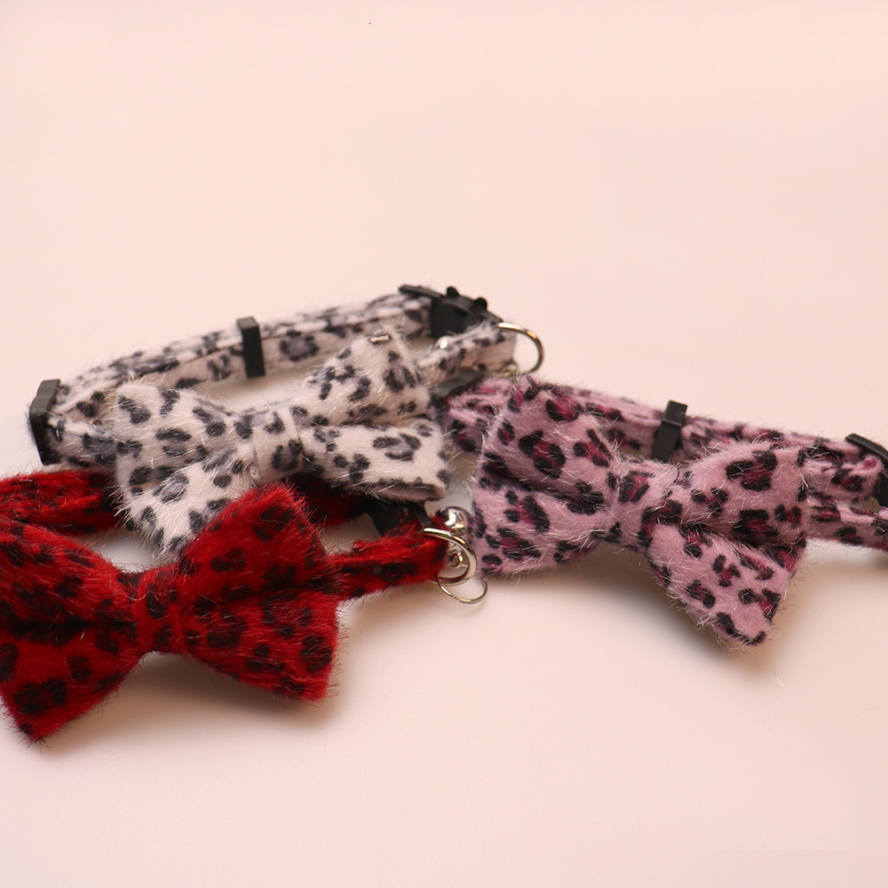 Pet Collar Leopard Pattern Cute Bell Bow Plush Design Soft Comfortable Adjustable For Cats Small Dogs