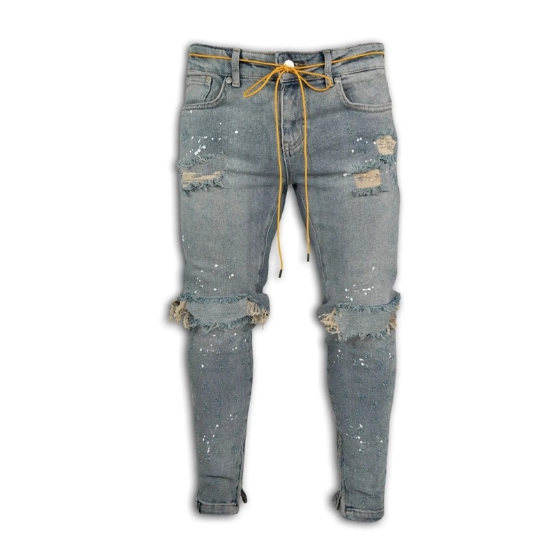 Men Long Jeans Pants Denim Pencil Pant Hole Splice Simple Slim Fit Zipper Lace Up Tight Waist Straight Trousers Autumn 260327