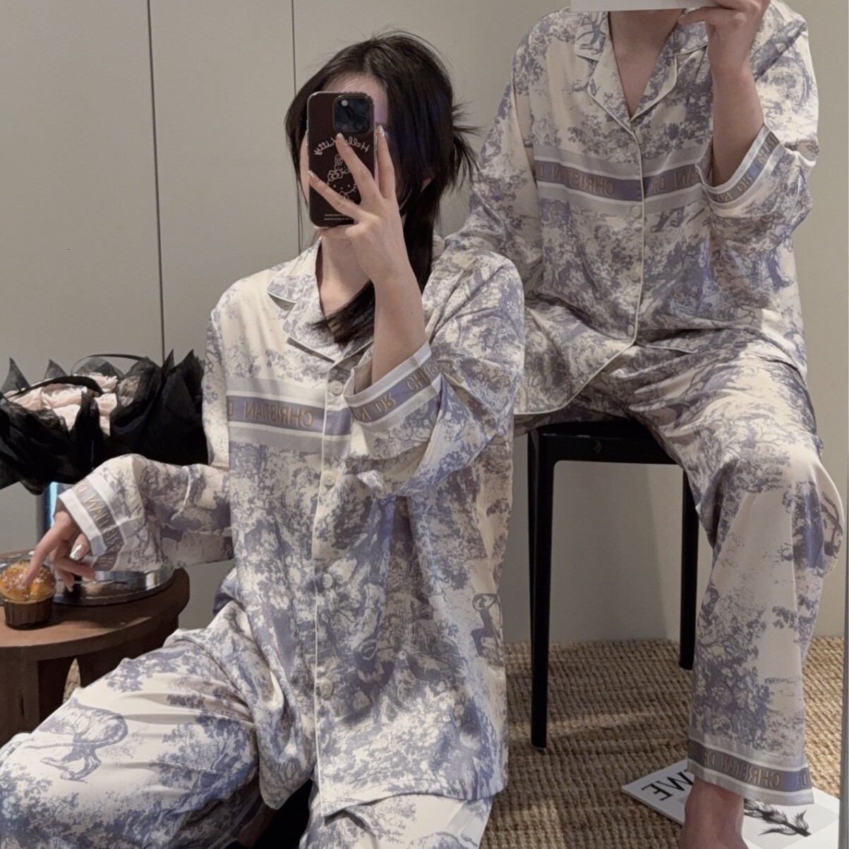Couple Pajamas Design Homewear Set Ice Silk Light Luxury High End Fashion Letter Print Sun Jungle Soft Smooth Comfortable