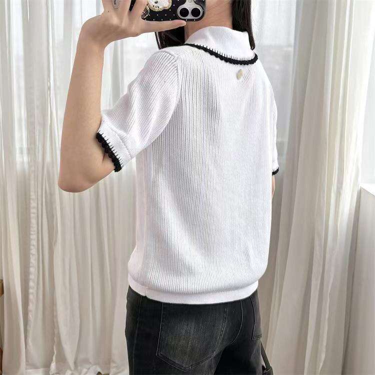 k30 2026 Spring New Designer Minimalist Collar Lace Edge Women's Hooded Short Sleeve Knitted Sweater