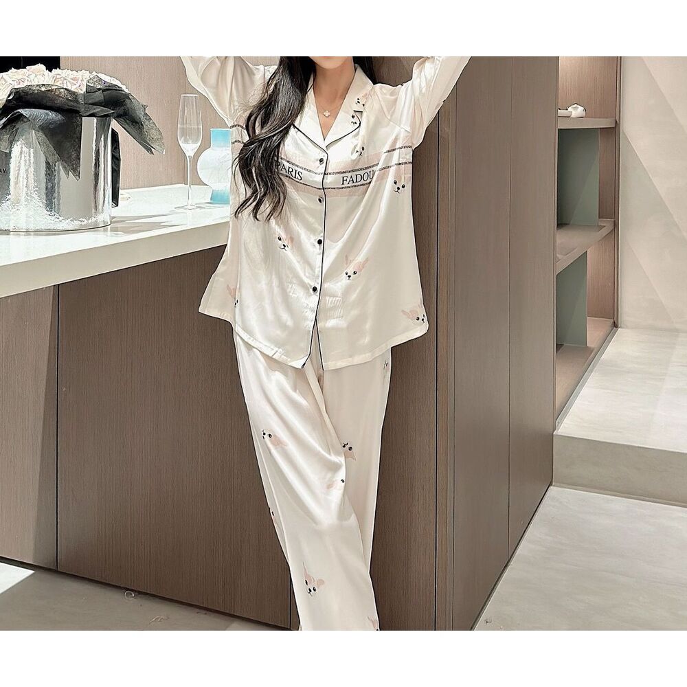 Pajamas Set Ice Silk Cute Women Spring Autumn Cartoon French Bulldog Thin Soft Comfortable Home Wear For Outdoor Pink Puppy