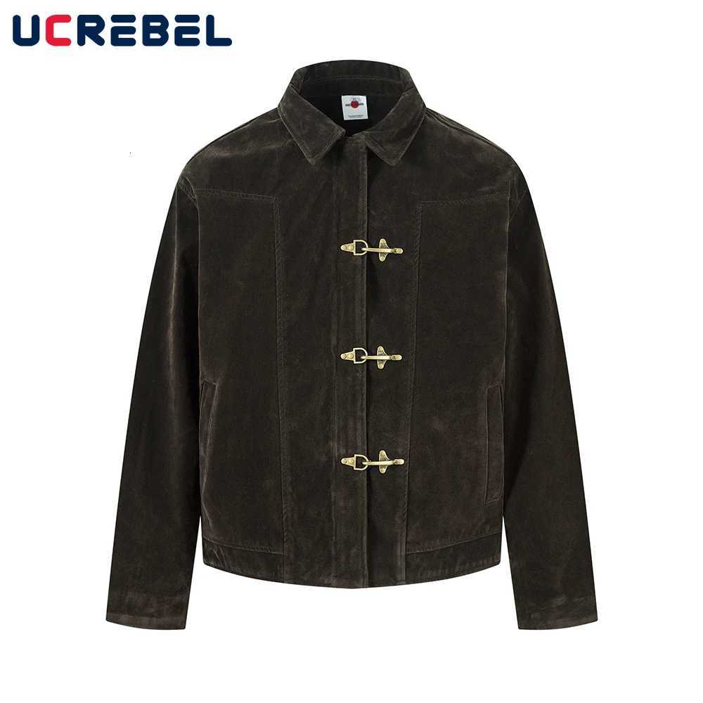 Retro Spliced Suede Jacket Mens Button Decoration Autumn Winter Retro Lapel Long Sleeve Loose Outerwear Man C260325