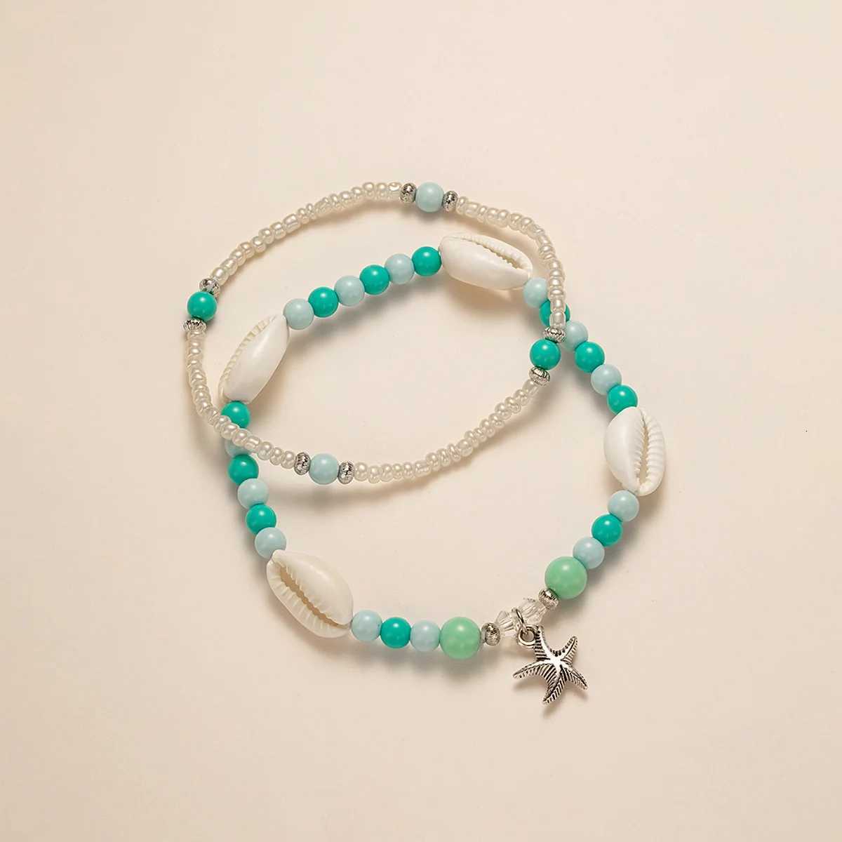 2-piece vacation ocean style alloy starfish pendant with colorful jelly beaded double layered womens anklet H260325 - view 4