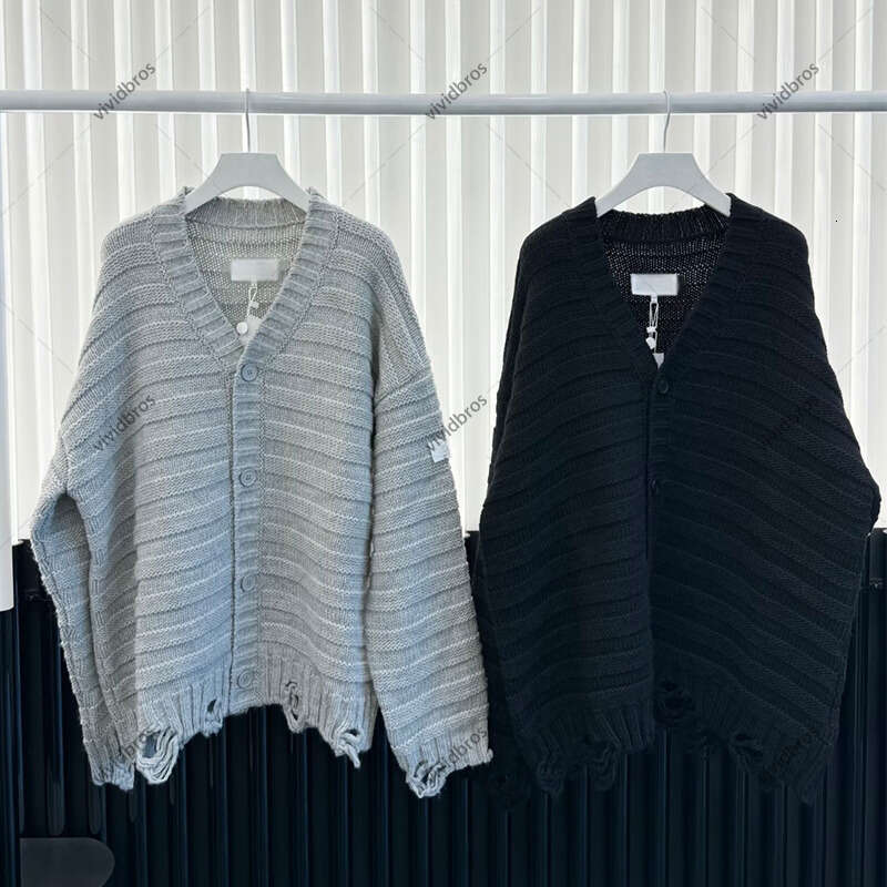 Unisex Cardigan Design High-Quality Light Gray Striped Knit Fringed Hem Oversized Casual Lazy Style Sweater