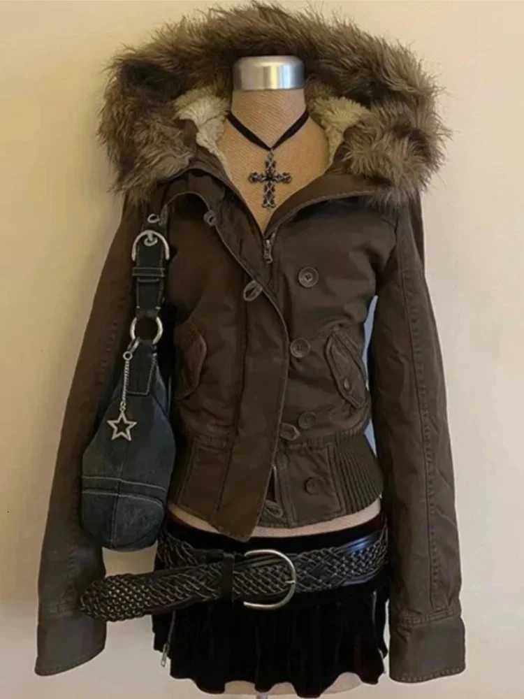 Subculture Harajuku Vintage Safari Coats with Hooded Women Zipper Sweatshirts Casual Streetwear Grunge Jacket Y2k Stand Neck C260325