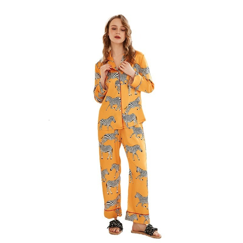 Homewear Set Women's Pajamas Yellow Zebra Printed Long Sleeve Long Pants Casual Wearable Soft Comfortable Breathable