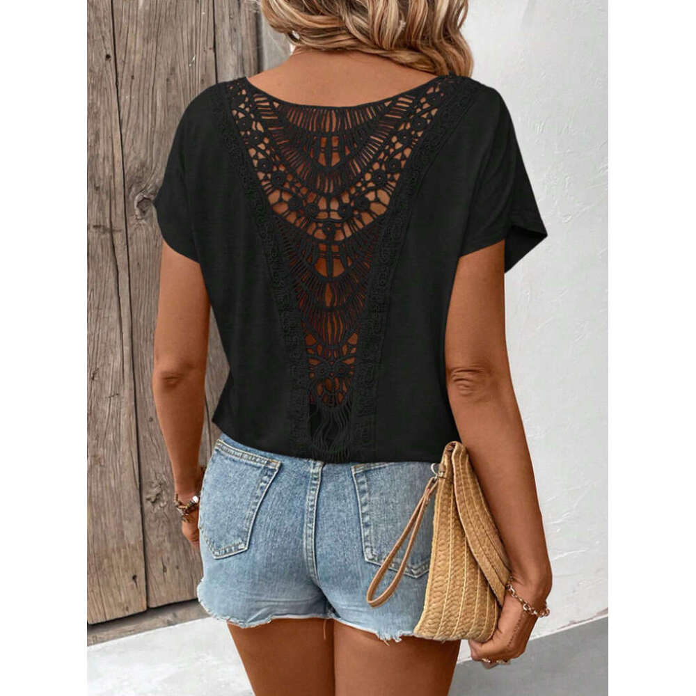 2026 Spring and Summer New European and American Designer Lace s4 Patch Short Sleeve Women's T-shirt